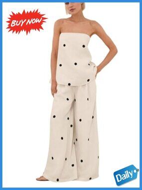Women Polka Dot 2 Piece Cotton Lounge Set Strapless Tube Top Wide Leg Pants